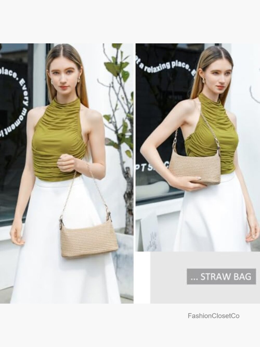 Straw Woven Small Tote Shoulder Handbag with Chain Strap - Picture 2 of 7